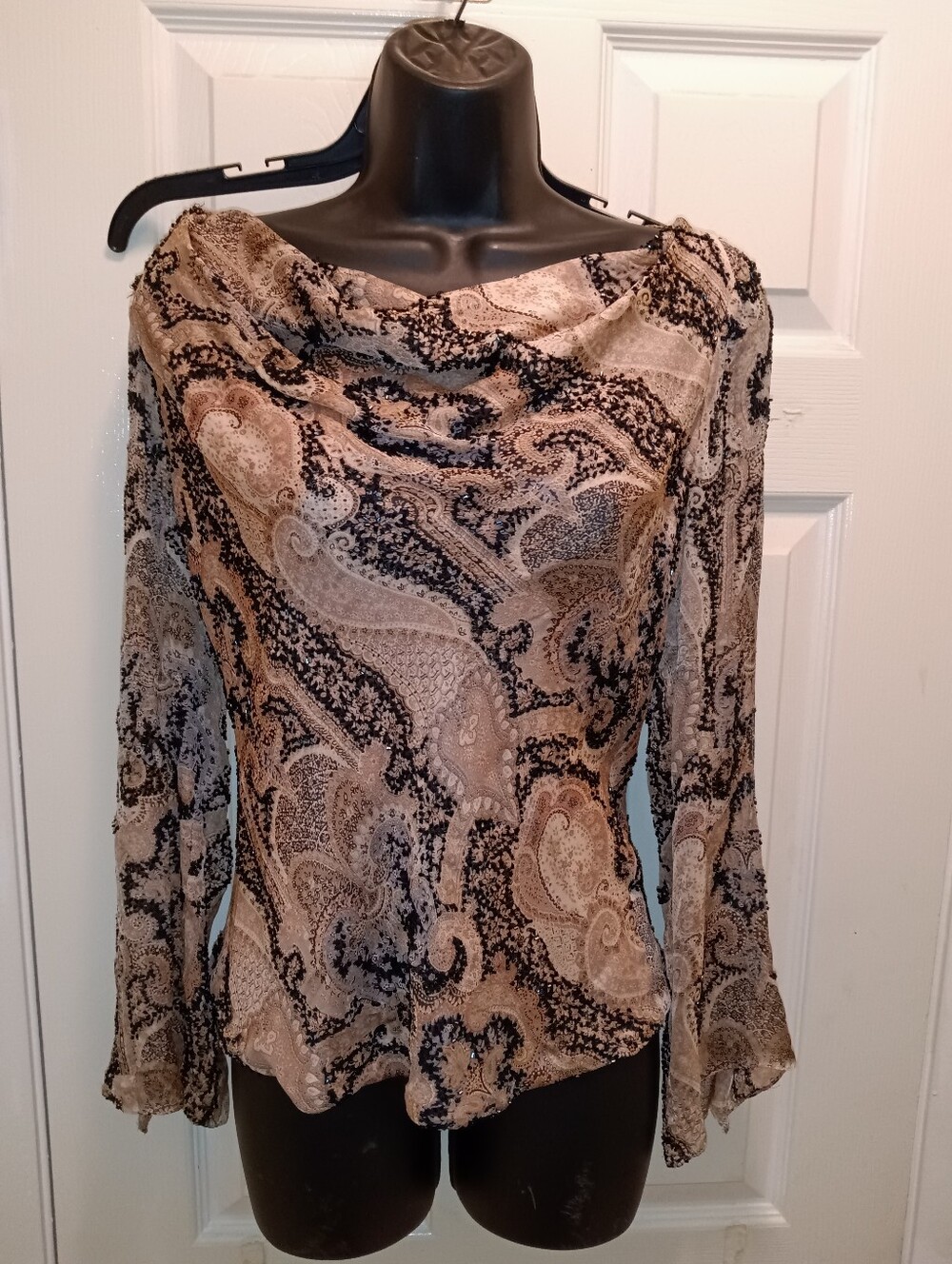 Carmen Marc Valvo Rose Gold and Black Paisley Cowl Neck Blouse - Picture 1 of 7